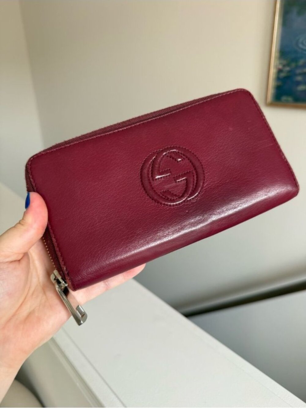 Gucci Deep Wine Res Leather Zip Around Wallet with Embossed GG